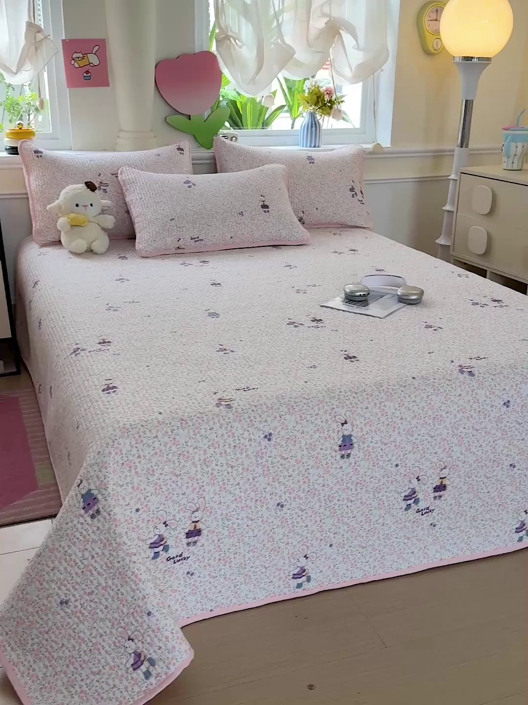 91家纺网 家纺一手货源 找家纺 恒尚居 2025新款双层纱床盖床盖单品单床盖云感夹棉床单床垫软床垫-四季款【系列一】 【欢乐兔】双层纱