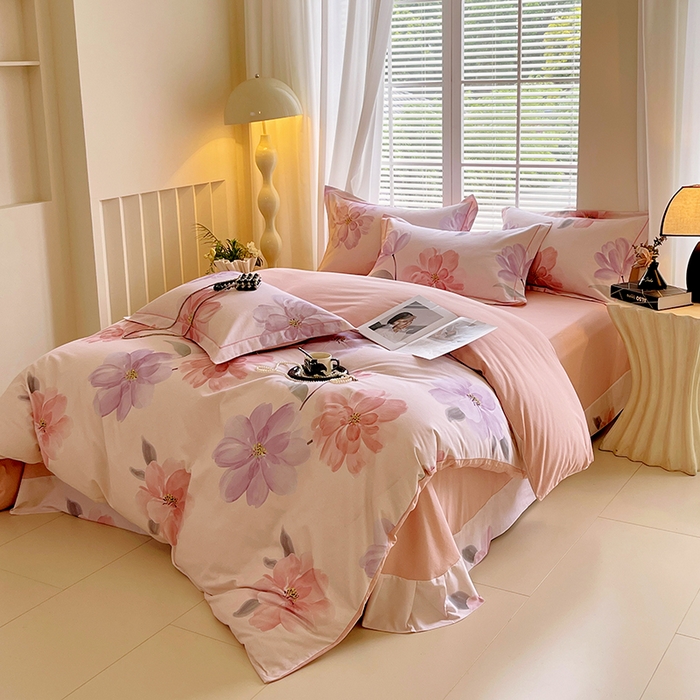 91家纺网 家纺一手货源 找家纺 威布斯家居 2025新款新疆棉全棉纯棉生态加厚磨毛四件套 茶言妙语-粉