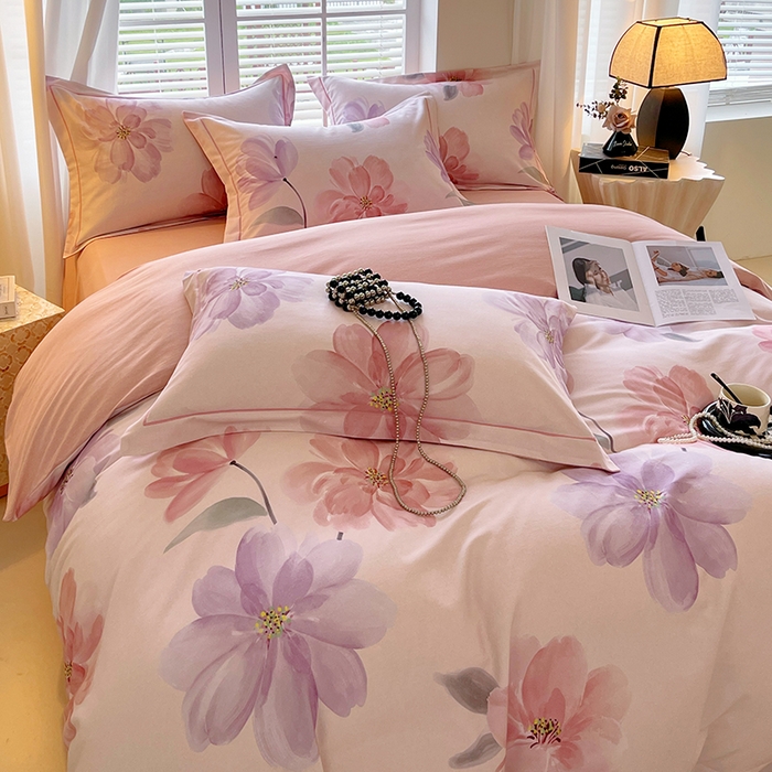 91家纺网 家纺一手货源 找家纺 威布斯家居 2025新款新疆棉全棉纯棉生态加厚磨毛四件套 茶言妙语-粉