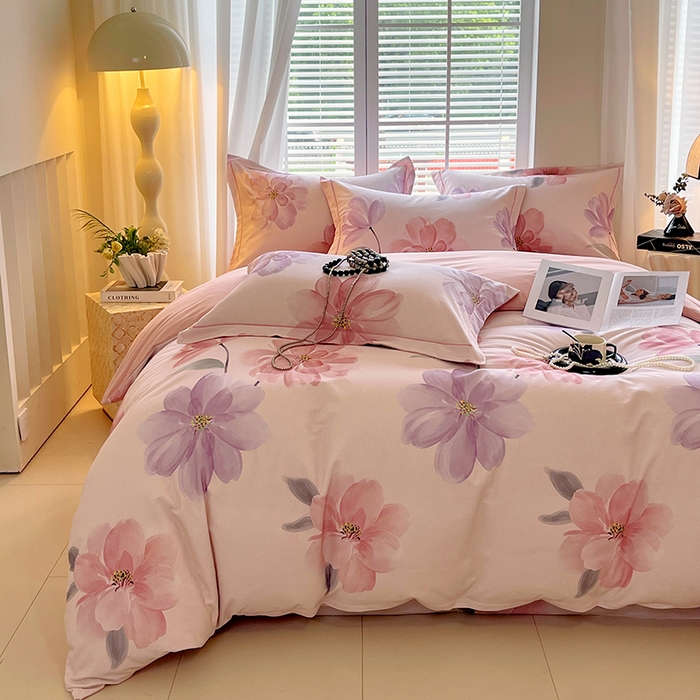 91家纺网 家纺一手货源 找家纺 威布斯家居 2025新款新疆棉全棉纯棉生态加厚磨毛四件套 茶言妙语-粉