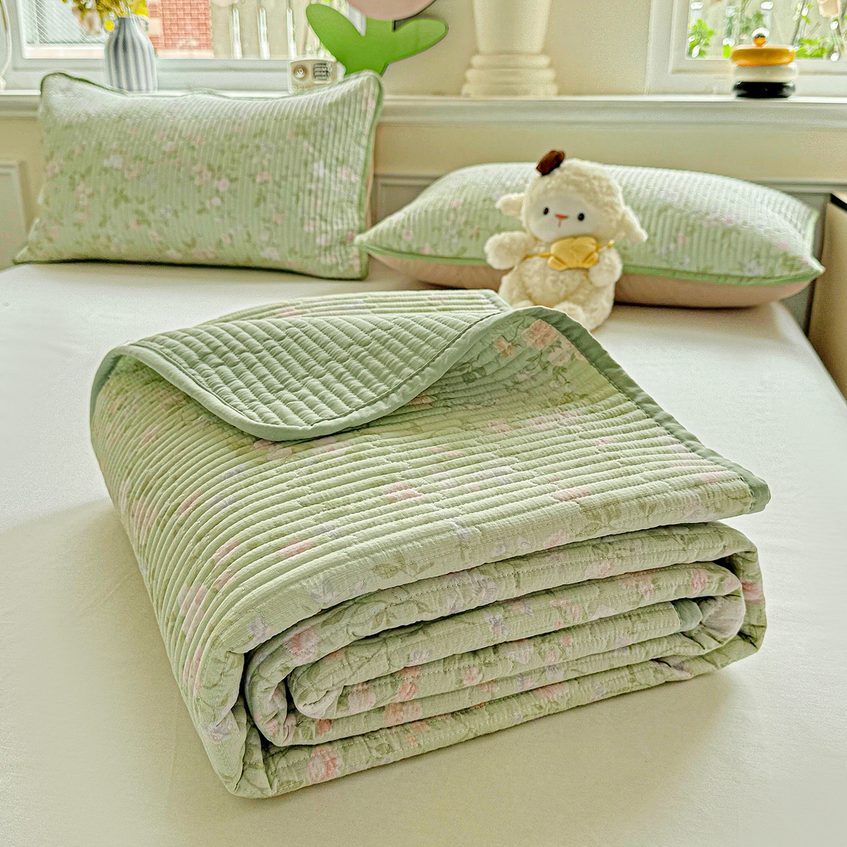 91家纺网 家纺一手货源 找家纺 恒尚居 2025新款双层纱床盖床盖单品单床盖云感夹棉床单床垫软床垫-四季款【系列一】 【美丽心情】双层纱