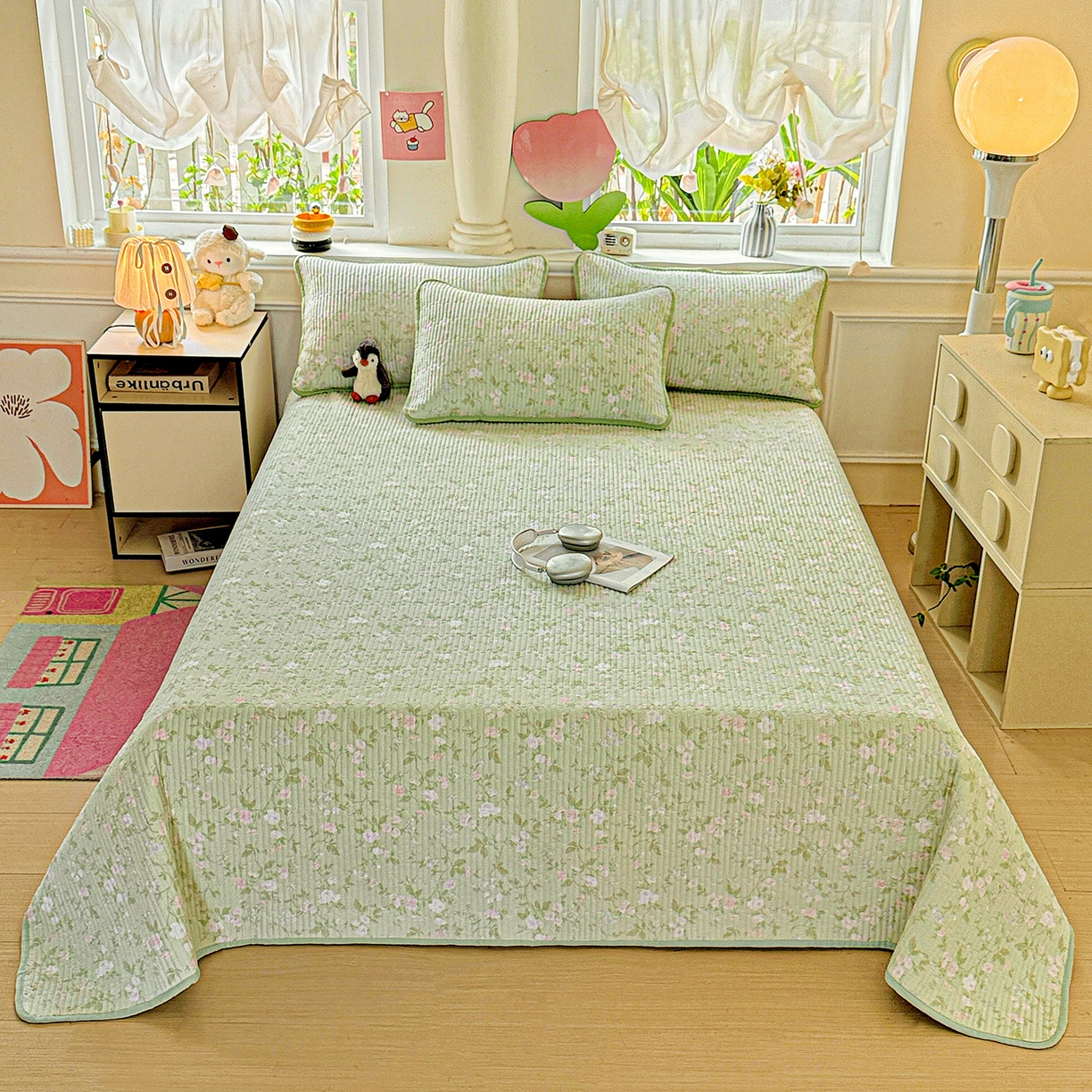 91家纺网 家纺一手货源 找家纺 恒尚居 2025新款双层纱床盖床盖单品单床盖云感夹棉床单床垫软床垫-四季款【系列一】 【美丽心情】双层纱