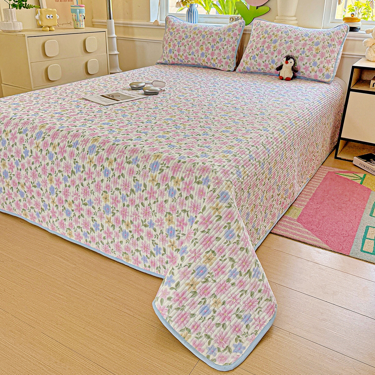 91家纺网 家纺一手货源 找家纺 恒尚居 2025新款双层纱床盖床盖单品单床盖云感夹棉床单床垫软床垫-四季款【系列一】 【蔷薇】双层纱