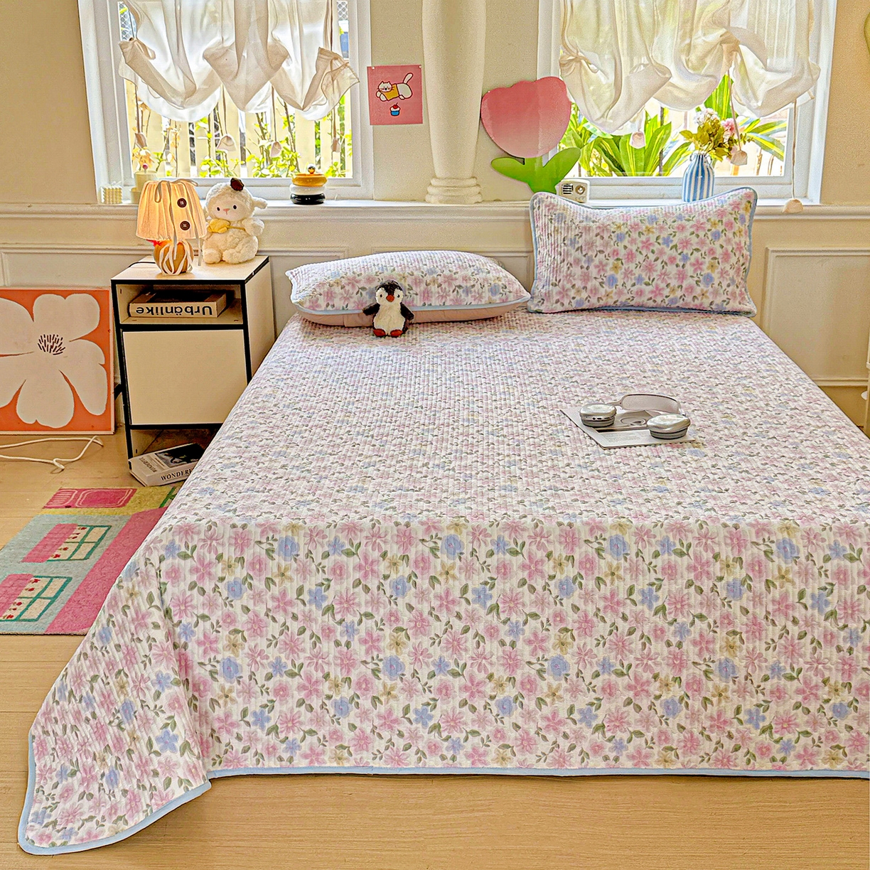 91家纺网 家纺一手货源 找家纺 恒尚居 2025新款双层纱床盖床盖单品单床盖云感夹棉床单床垫软床垫-四季款【系列一】 【蔷薇】双层纱