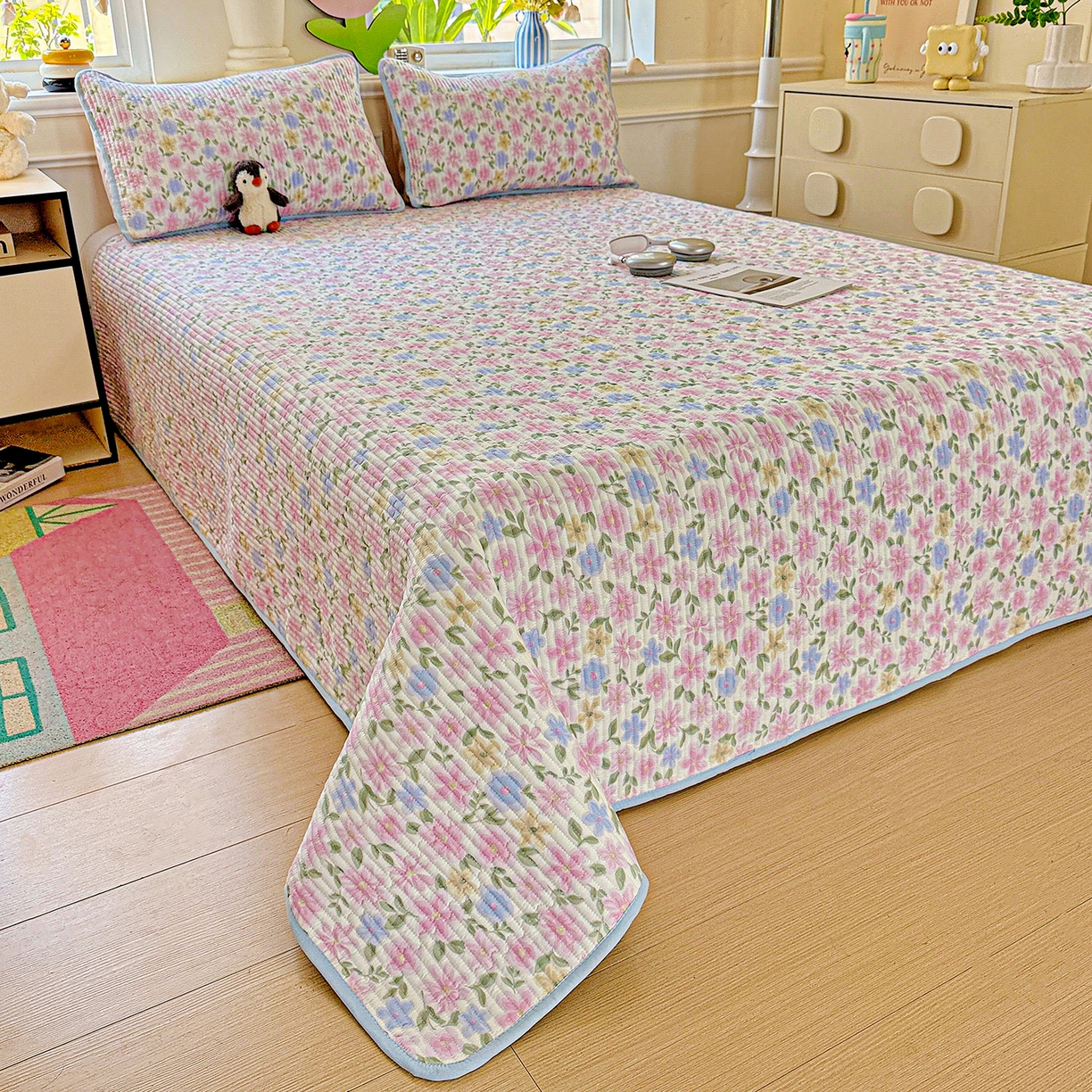 91家纺网 家纺一手货源 找家纺 恒尚居 2025新款双层纱床盖床盖单品单床盖云感夹棉床单床垫软床垫-四季款【系列一】 【蔷薇】双层纱