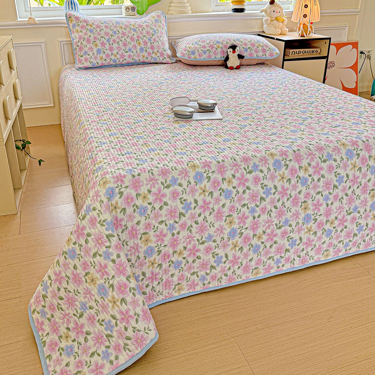 91家纺网 家纺一手货源 找家纺 恒尚居 2025新款双层纱床盖床盖单品单床盖云感夹棉床单床垫软床垫-四季款【系列一】 【蔷薇】双层纱