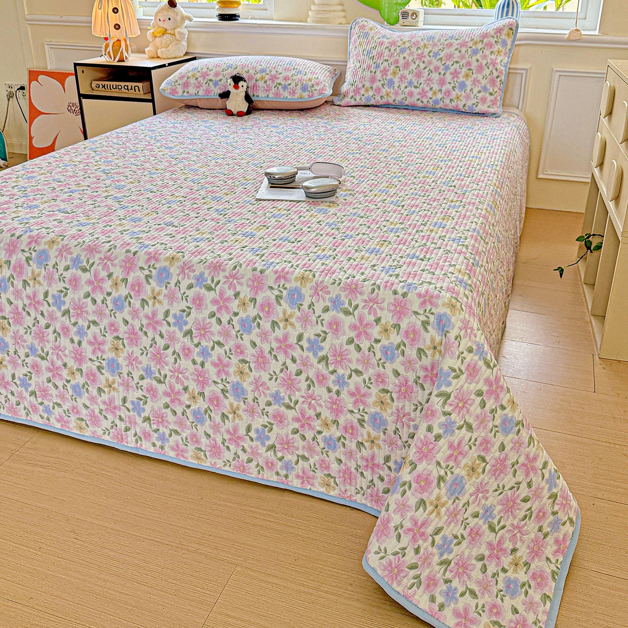 91家纺网 家纺一手货源 找家纺 恒尚居 2025新款双层纱床盖床盖单品单床盖云感夹棉床单床垫软床垫-四季款【系列一】 【蔷薇】双层纱