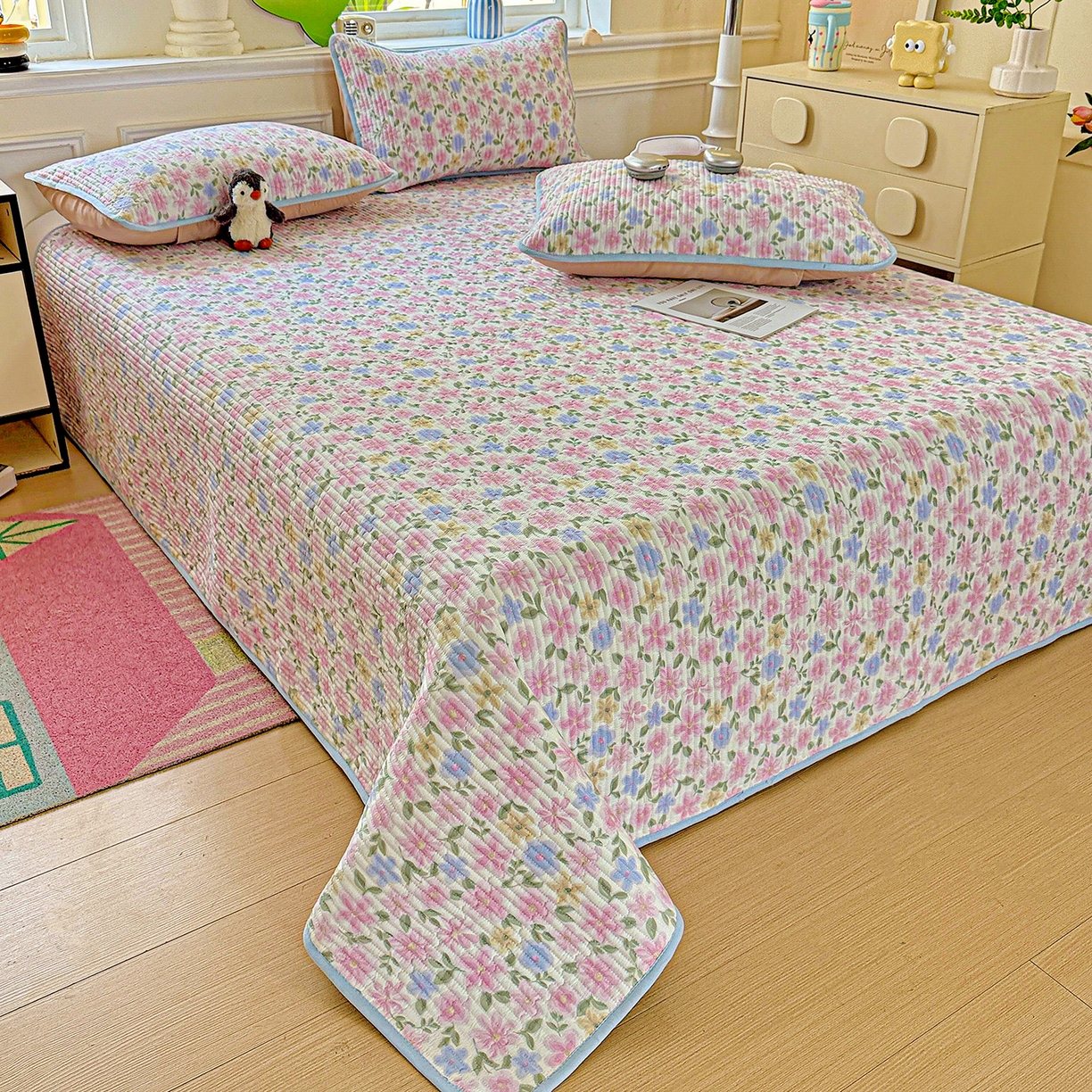 91家纺网 家纺一手货源 找家纺 恒尚居 2025新款双层纱床盖床盖单品单床盖云感夹棉床单床垫软床垫-四季款【系列一】 【蔷薇】双层纱