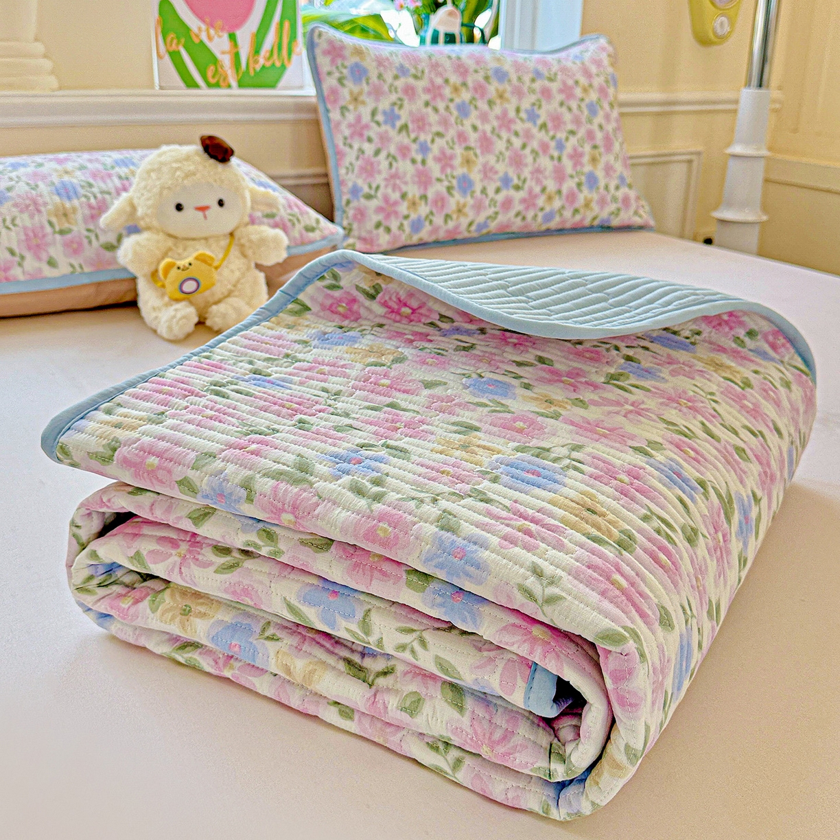 91家纺网 家纺一手货源 找家纺 恒尚居 2025新款双层纱床盖床盖单品单床盖云感夹棉床单床垫软床垫-四季款【系列一】 【蔷薇】双层纱