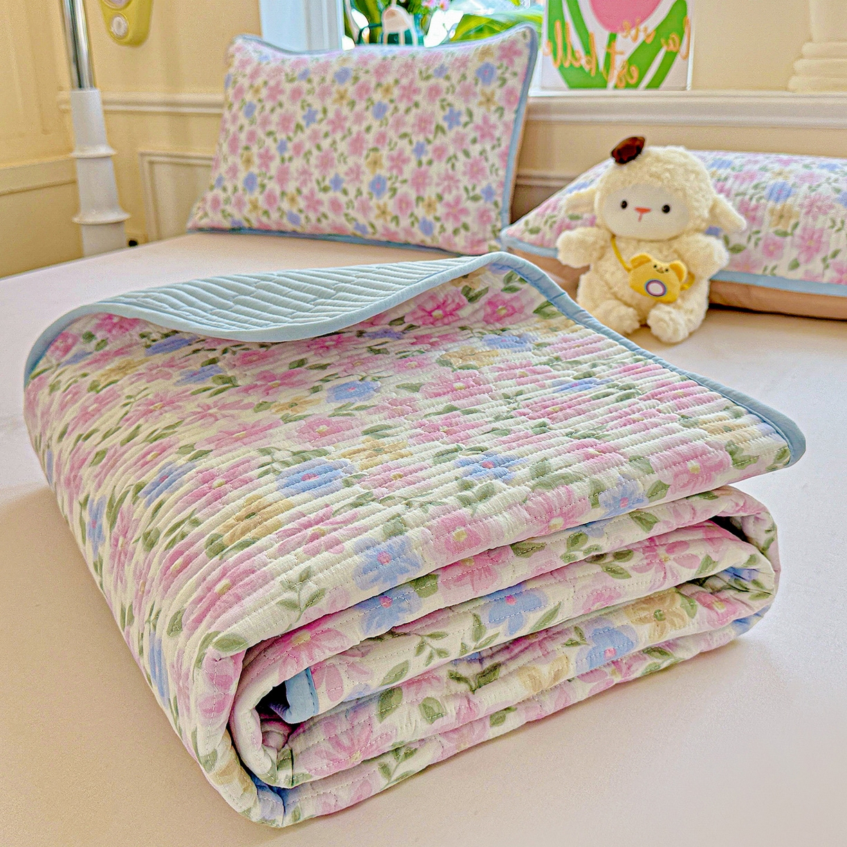 91家纺网 家纺一手货源 找家纺 恒尚居 2025新款双层纱床盖床盖单品单床盖云感夹棉床单床垫软床垫-四季款【系列一】 【蔷薇】双层纱