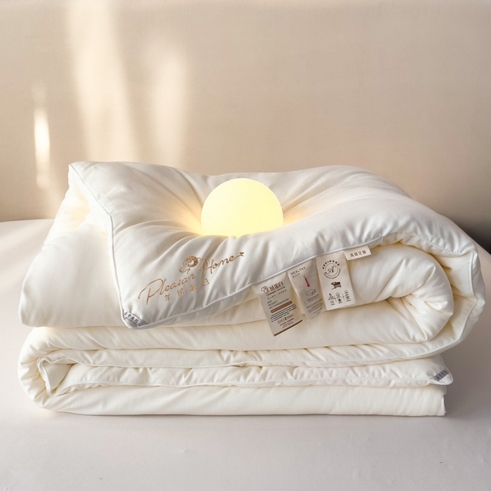 91家纺网 家纺一手货源 找家纺 蓝雀翎 2025新款刺绣羊绒蛋白锁温被被子被芯 极光白