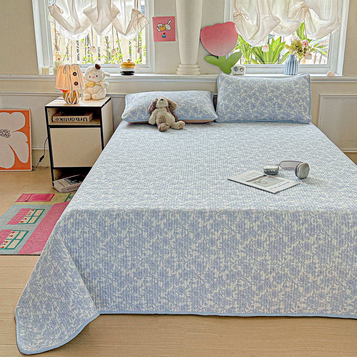 91家纺网 家纺一手货源 找家纺 恒尚居 2025新款双层纱床盖床盖单品单床盖云感夹棉床单床垫软床垫-四季款【系列一】 【清新蓝】双层纱