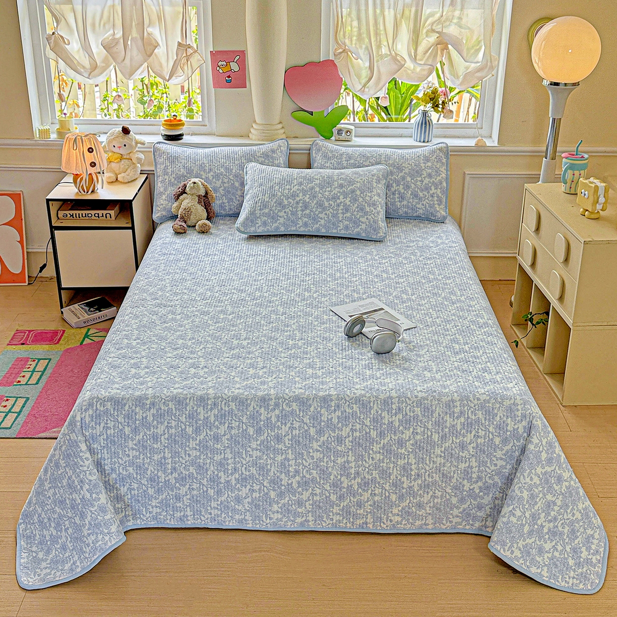 91家纺网 家纺一手货源 找家纺 恒尚居 2025新款双层纱床盖床盖单品单床盖云感夹棉床单床垫软床垫-四季款【系列一】 【清新蓝】双层纱