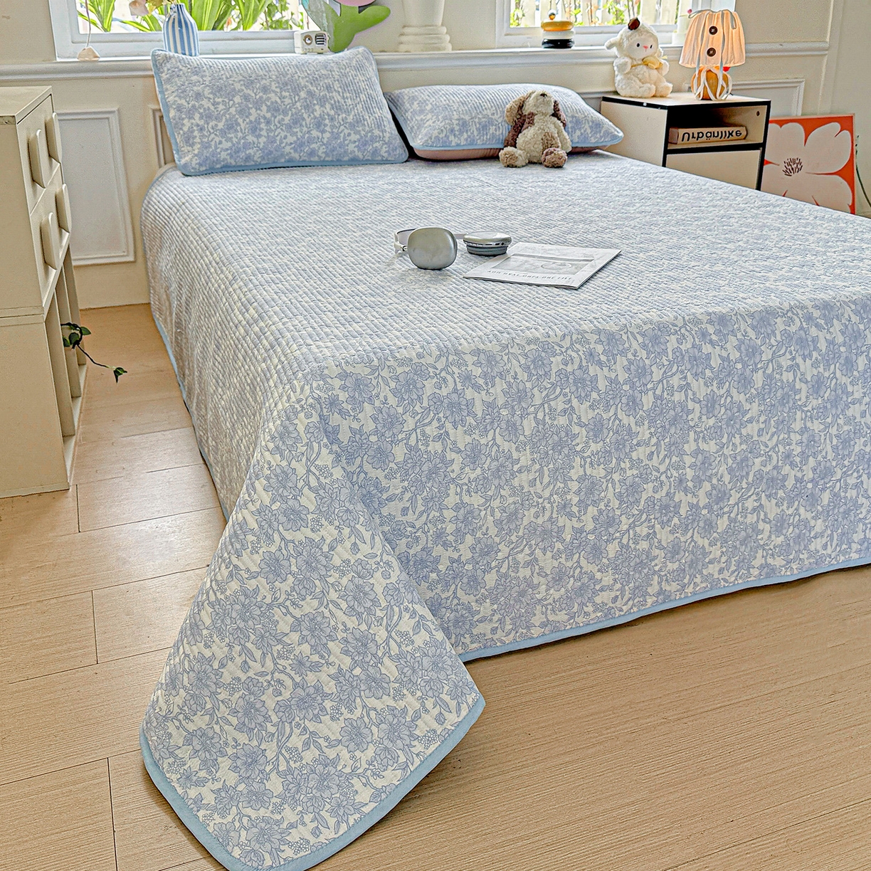 91家纺网 家纺一手货源 找家纺 恒尚居 2025新款双层纱床盖床盖单品单床盖云感夹棉床单床垫软床垫-四季款【系列一】 【清新蓝】双层纱