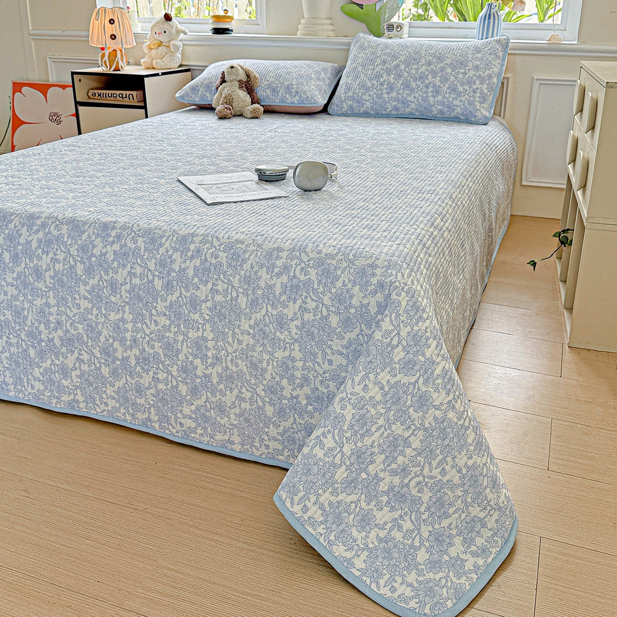 91家纺网 家纺一手货源 找家纺 恒尚居 2025新款双层纱床盖床盖单品单床盖云感夹棉床单床垫软床垫-四季款【系列一】 【清新蓝】双层纱