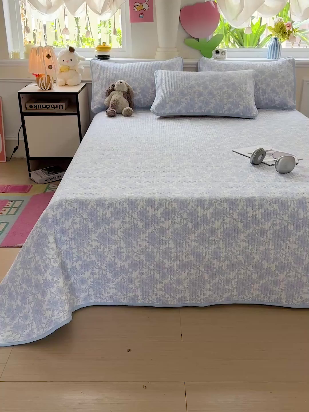 91家纺网 家纺一手货源 找家纺 恒尚居 2025新款双层纱床盖床盖单品单床盖云感夹棉床单床垫软床垫-四季款【系列一】 【清新蓝】双层纱