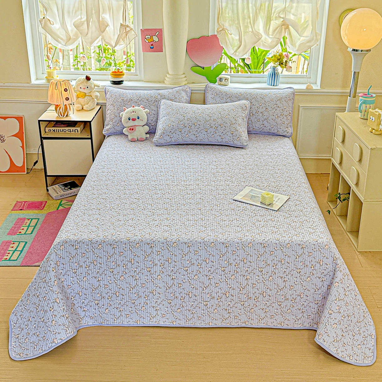 91家纺网 家纺一手货源 找家纺 恒尚居 2025新款双层纱床盖床盖单品单床盖云感夹棉床单床垫软床垫-四季款【系列一】 【紫藤花】双层纱