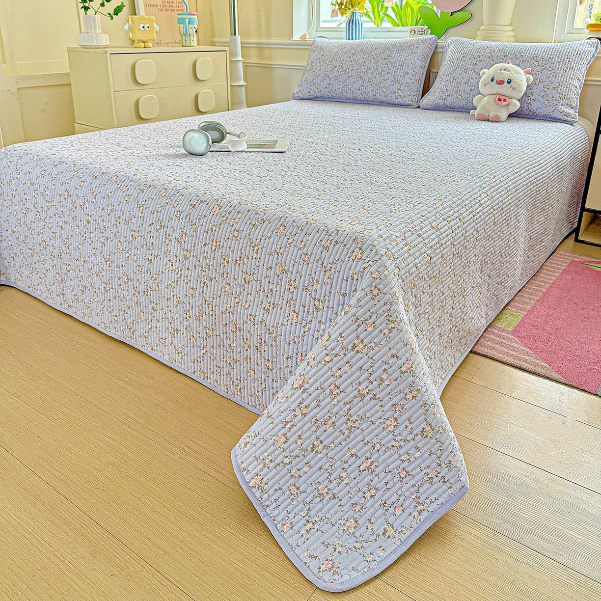 91家纺网 家纺一手货源 找家纺 恒尚居 2025新款双层纱床盖床盖单品单床盖云感夹棉床单床垫软床垫-四季款【系列一】 【紫藤花】双层纱