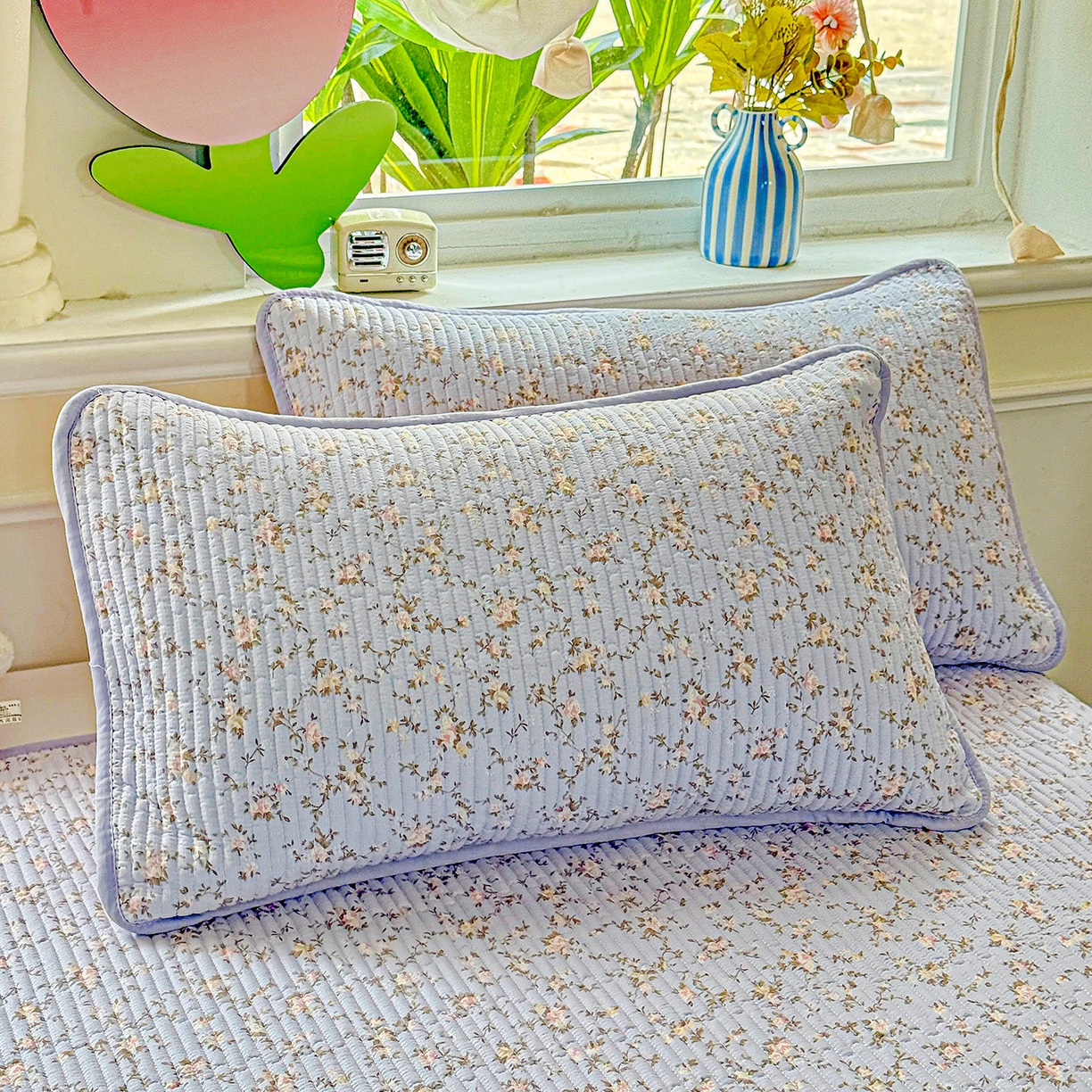 91家纺网 家纺一手货源 找家纺 恒尚居 2025新款双层纱床盖床盖单品单床盖云感夹棉床单床垫软床垫-四季款【系列一】 【紫藤花】双层纱