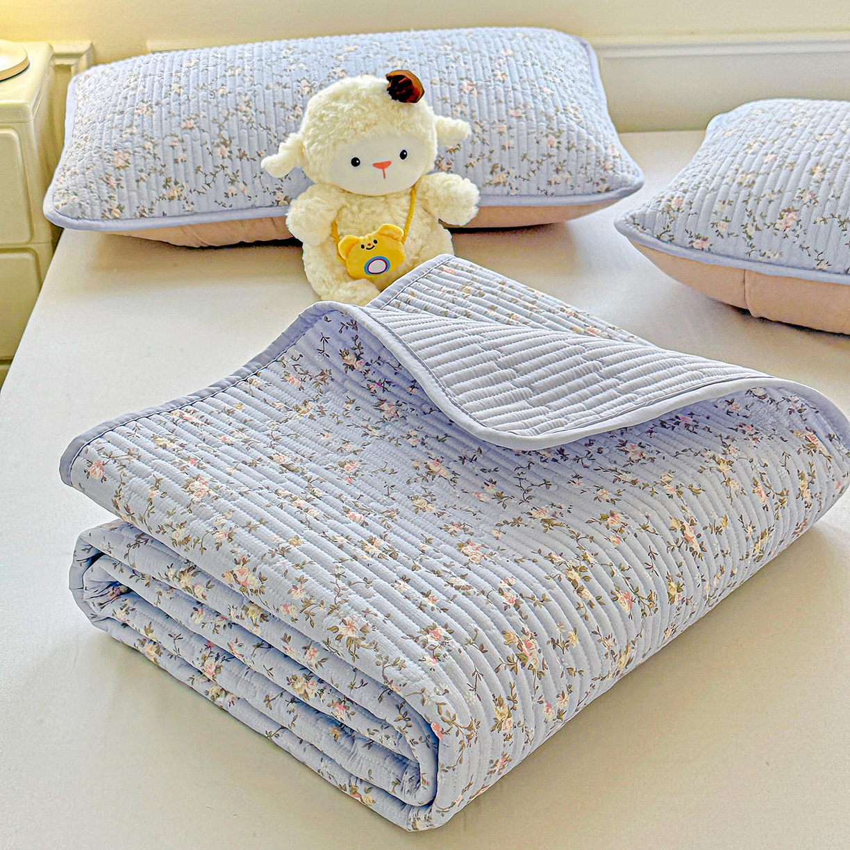 91家纺网 家纺一手货源 找家纺 恒尚居 2025新款双层纱床盖床盖单品单床盖云感夹棉床单床垫软床垫-四季款【系列一】 【紫藤花】双层纱