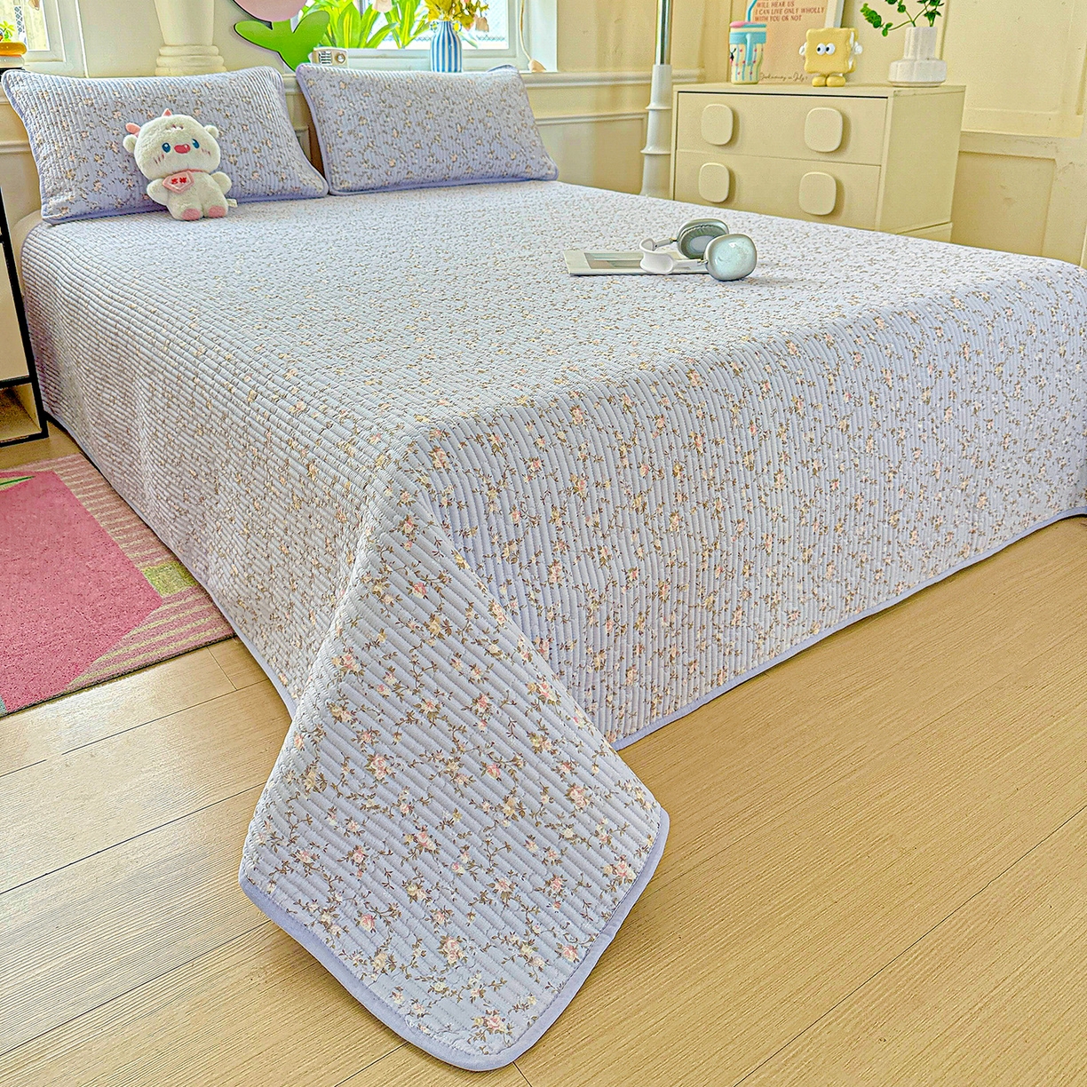 91家纺网 家纺一手货源 找家纺 恒尚居 2025新款双层纱床盖床盖单品单床盖云感夹棉床单床垫软床垫-四季款【系列一】 【紫藤花】双层纱