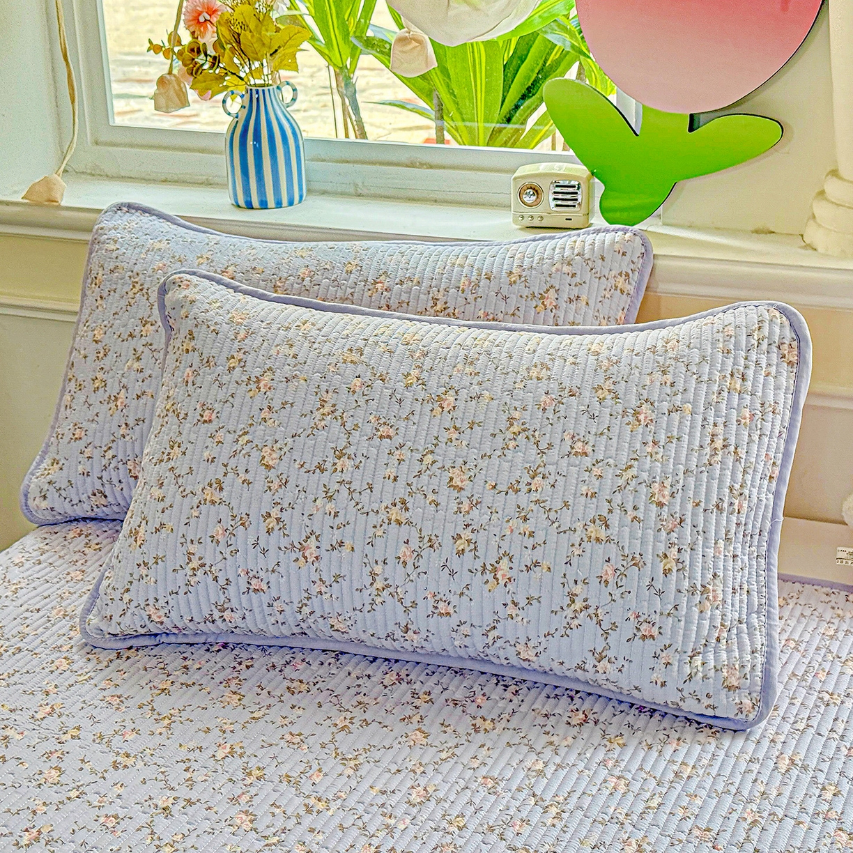 91家纺网 家纺一手货源 找家纺 恒尚居 2025新款双层纱床盖床盖单品单床盖云感夹棉床单床垫软床垫-四季款【系列一】 【紫藤花】双层纱