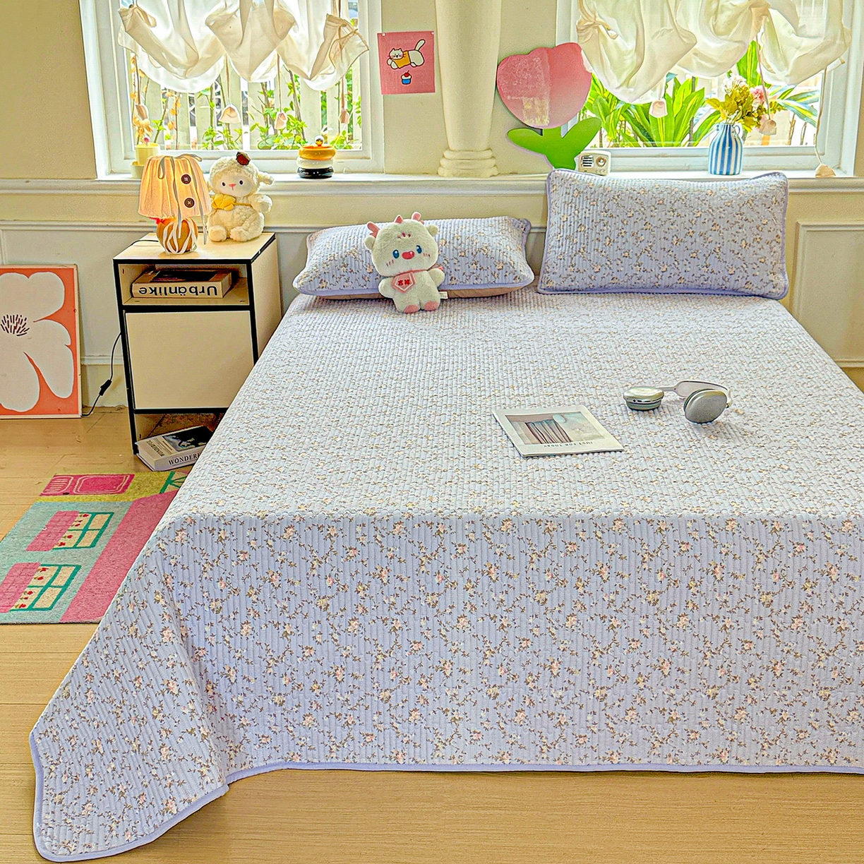 91家纺网 家纺一手货源 找家纺 恒尚居 2025新款双层纱床盖床盖单品单床盖云感夹棉床单床垫软床垫-四季款【系列一】 【紫藤花】双层纱