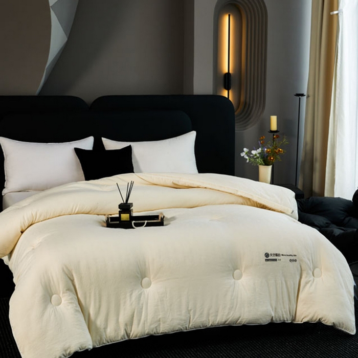 91家纺网 家纺一手货源 找家纺 蓝雀翎 2025新款原棉提花大豆被被子被芯 奶油白