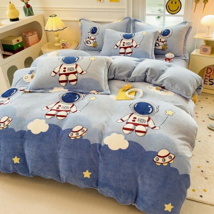 91家纺网 家纺一手货源 找家纺 丝羽坊 2025新款200克加厚小清新牛奶绒床单款 床笠款四件套 被套 太空漫步