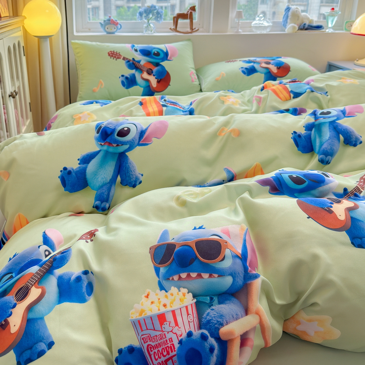 91家纺网 家纺一手货源 找家纺 优卡迪家纺馆 2025新款110克5D数码印花四件套 休闲史迪奇-绿