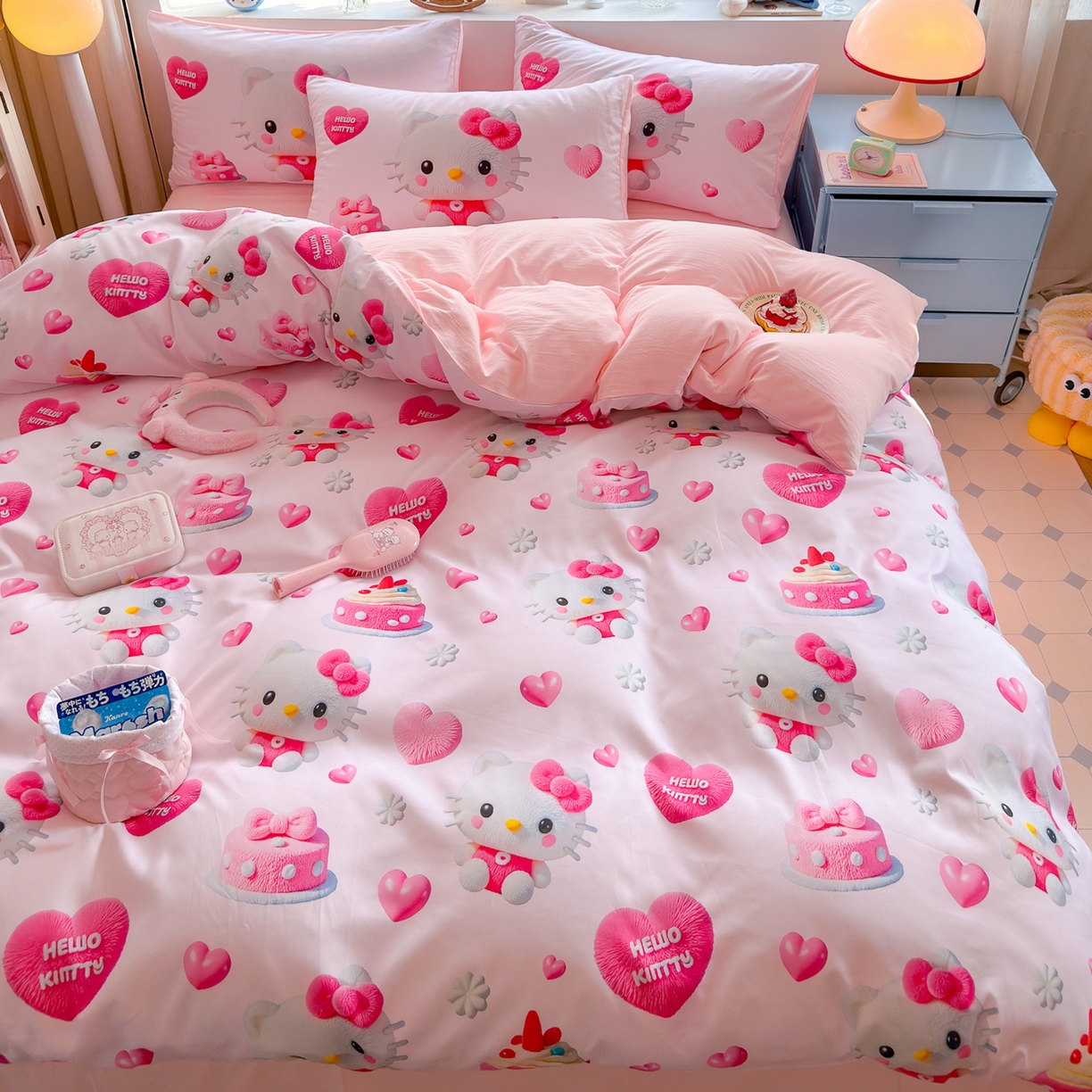 91家纺网 家纺一手货源 找家纺 优卡迪家纺馆 2025新款110克5D数码印花四件套 爱心KT