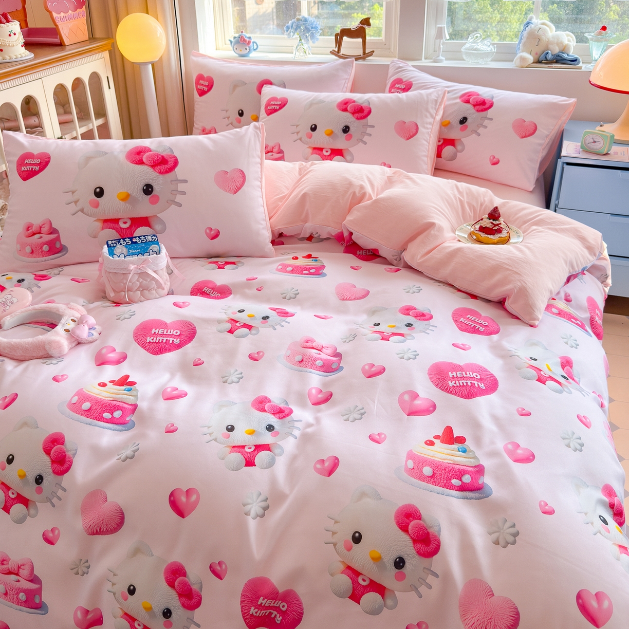 91家纺网 家纺一手货源 找家纺 优卡迪家纺馆 2025新款110克5D数码印花四件套 爱心KT