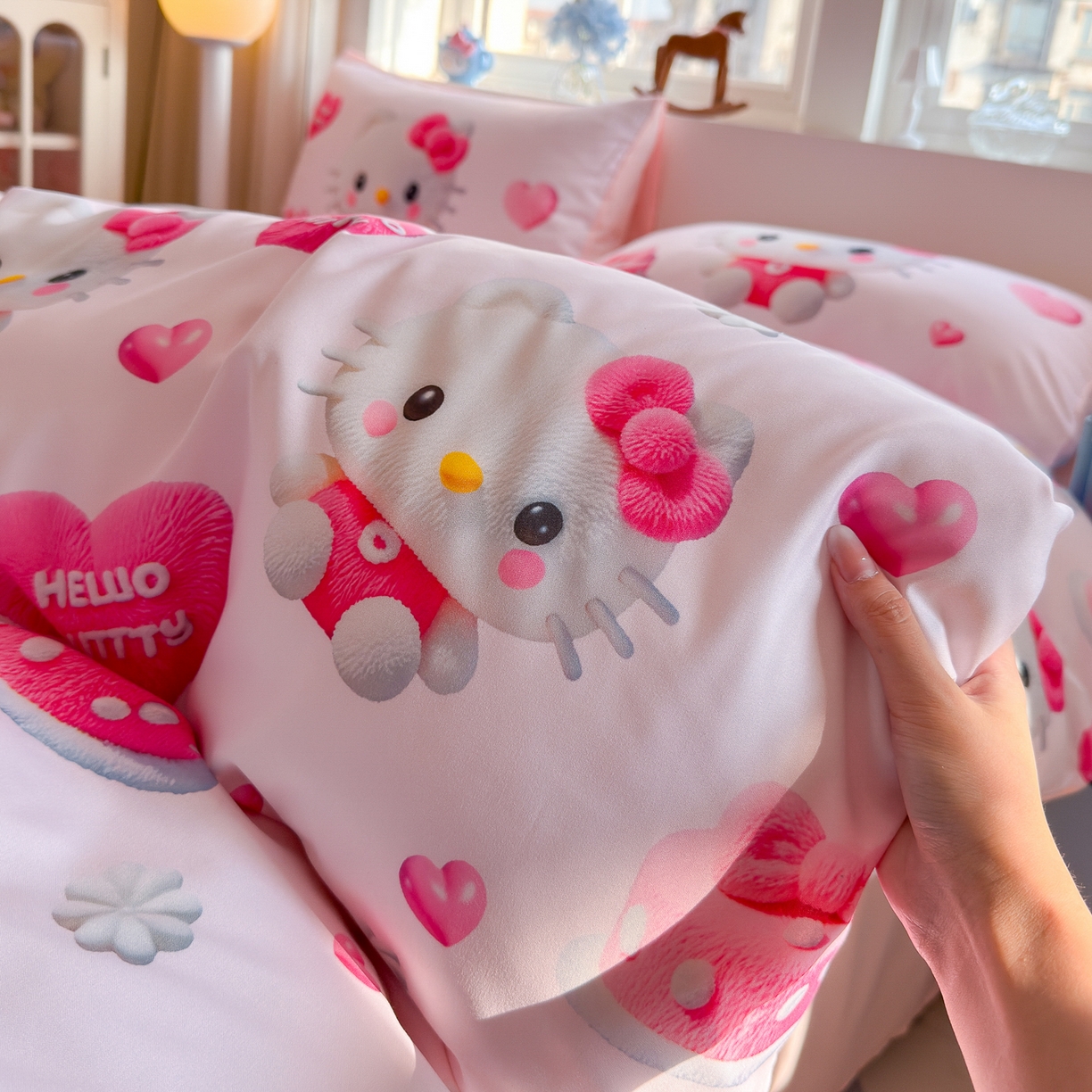 91家纺网 家纺一手货源 找家纺 优卡迪家纺馆 2025新款110克5D数码印花四件套 爱心KT