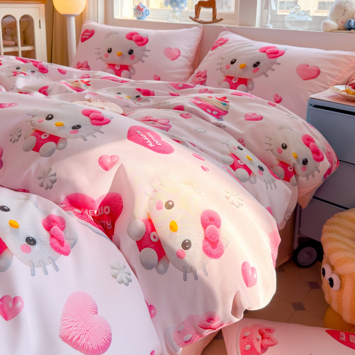 91家纺网 家纺一手货源 找家纺 优卡迪家纺馆 2025新款110克5D数码印花四件套 爱心KT