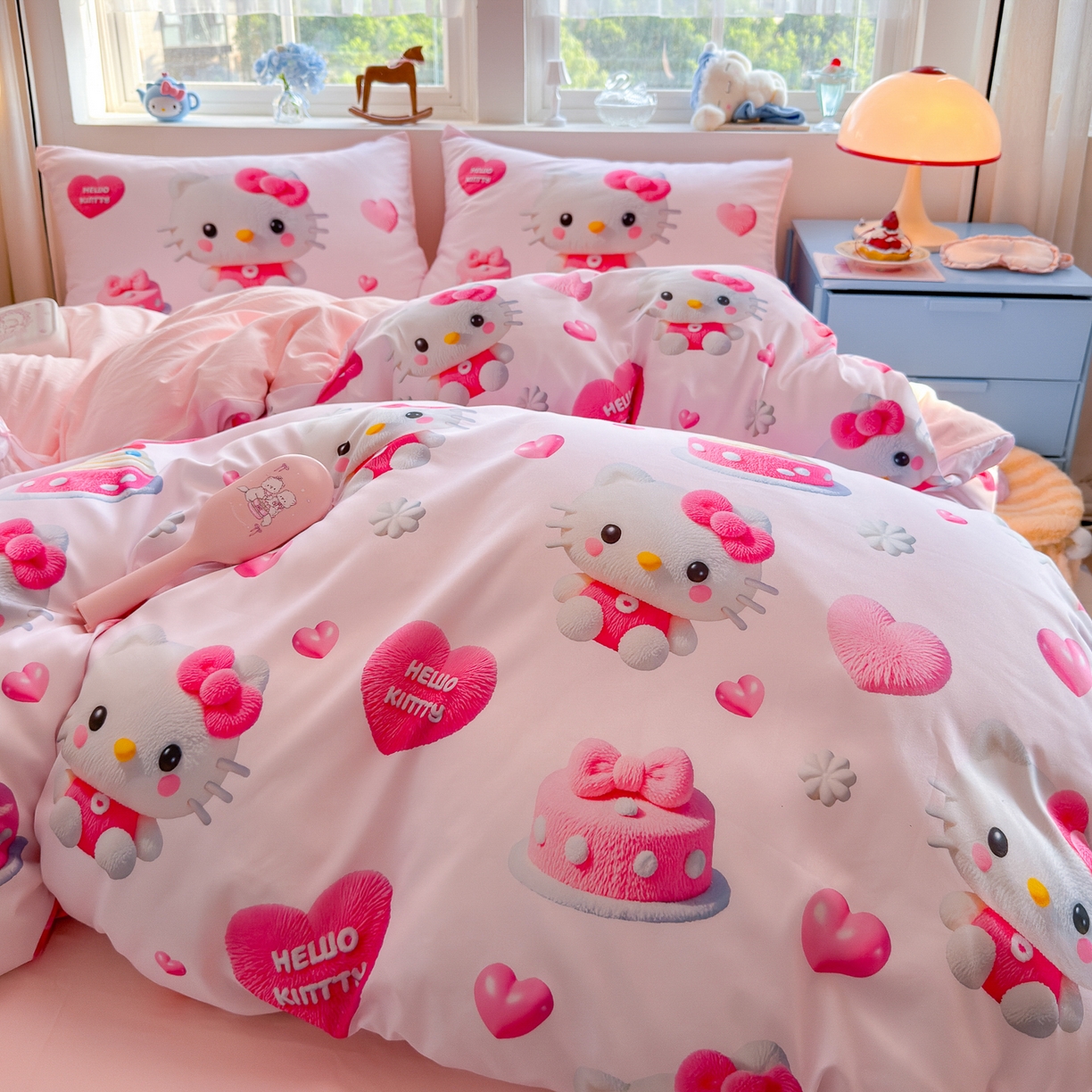 91家纺网 家纺一手货源 找家纺 优卡迪家纺馆 2025新款110克5D数码印花四件套 爱心KT