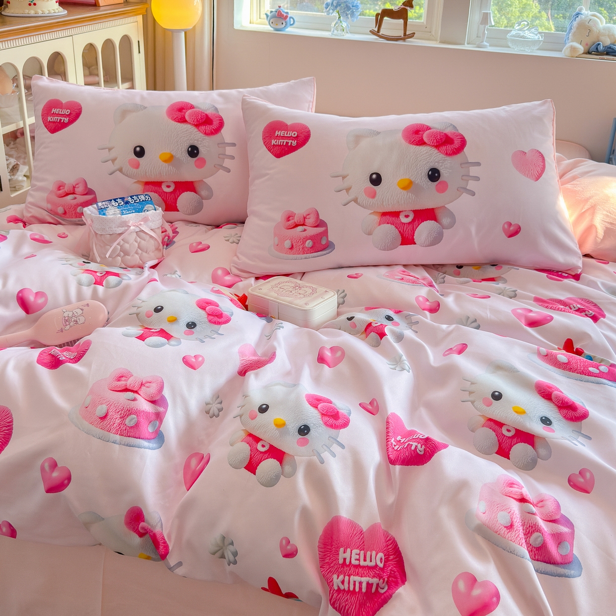 91家纺网 家纺一手货源 找家纺 优卡迪家纺馆 2025新款110克5D数码印花四件套 爱心KT