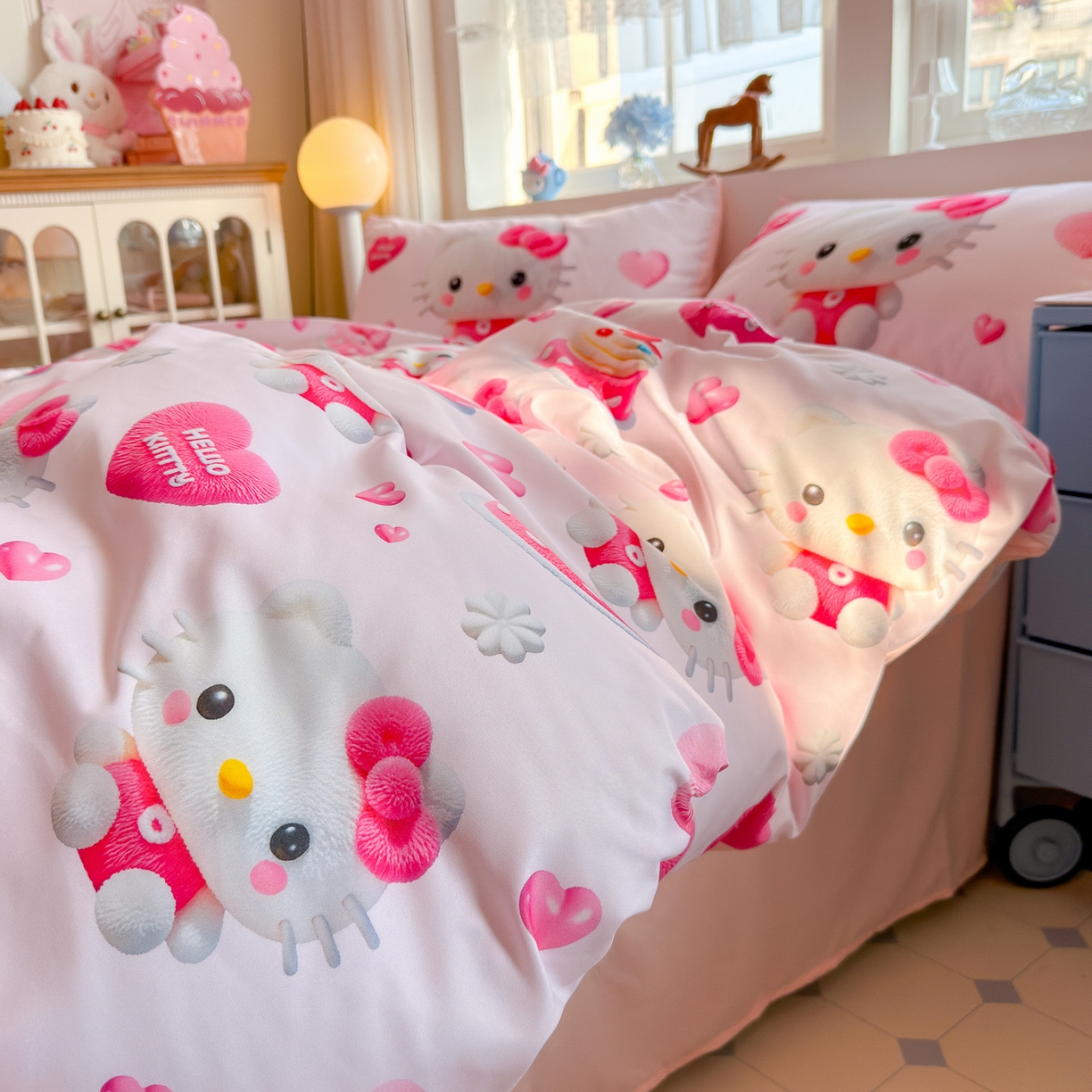 91家纺网 家纺一手货源 找家纺 优卡迪家纺馆 2025新款110克5D数码印花四件套 爱心KT