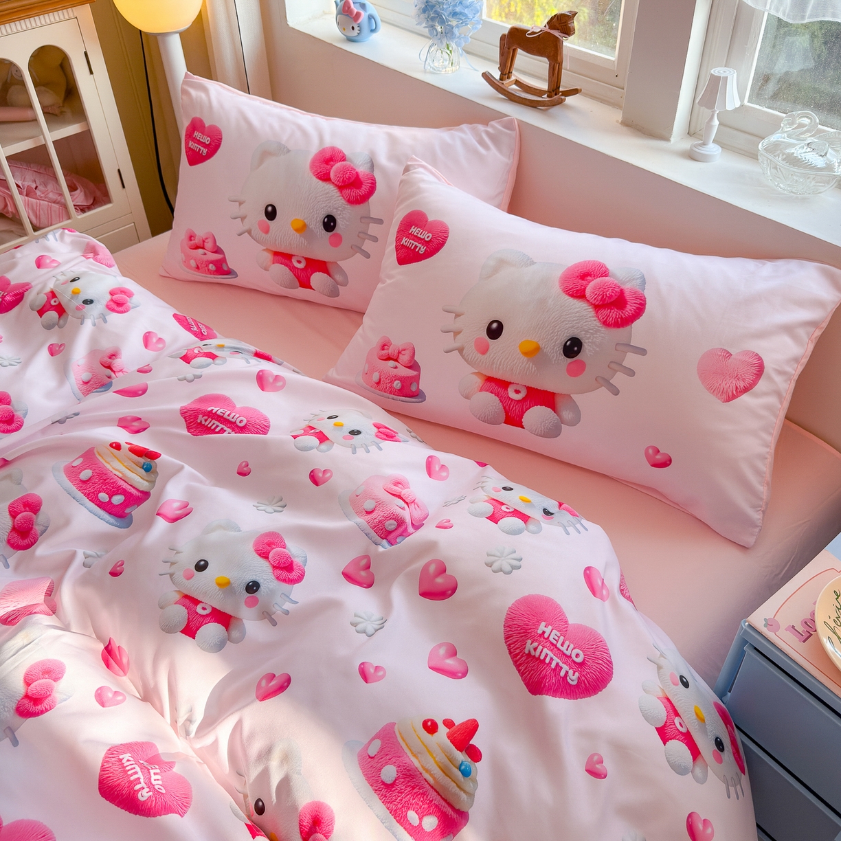 91家纺网 家纺一手货源 找家纺 优卡迪家纺馆 2025新款110克5D数码印花四件套 爱心KT