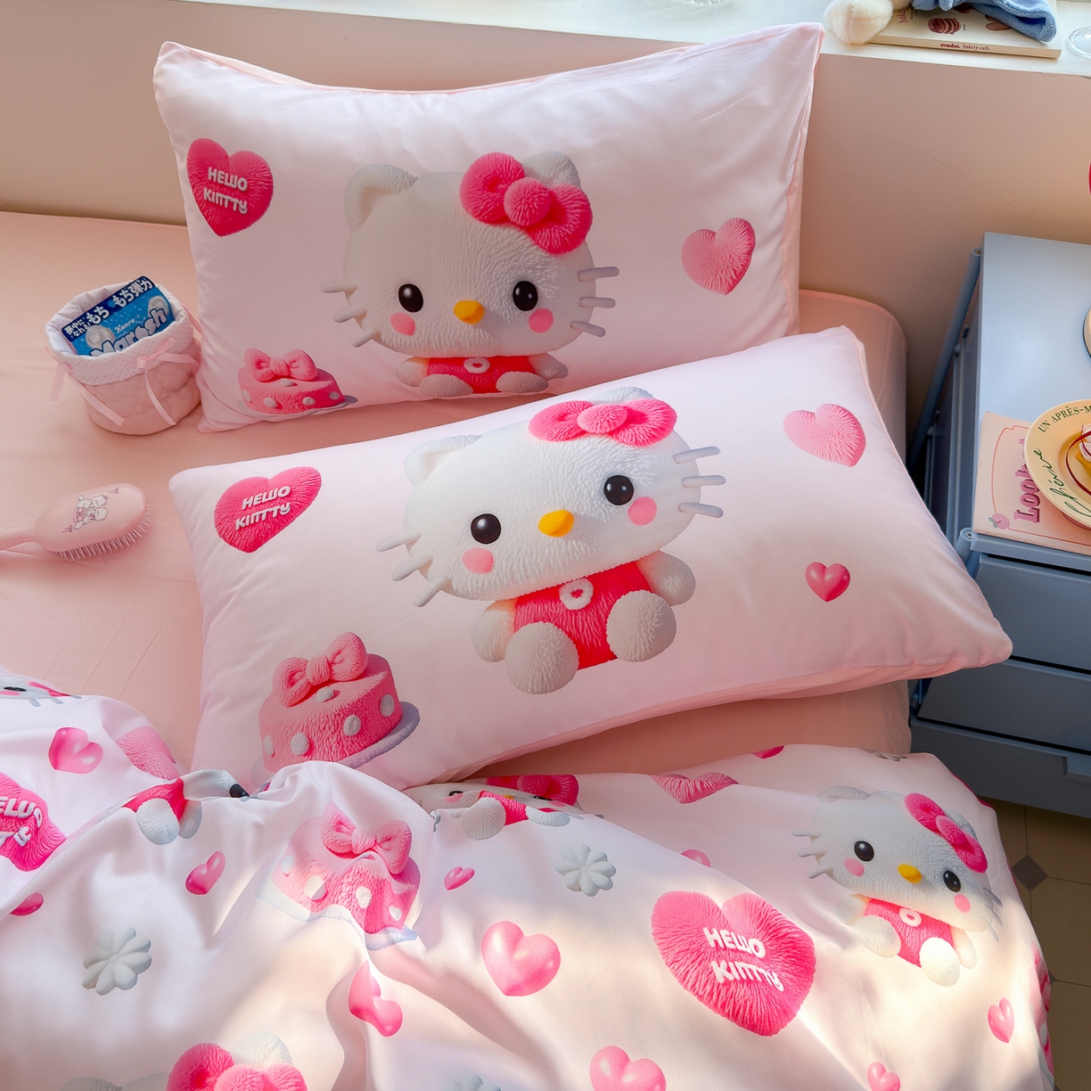 91家纺网 家纺一手货源 找家纺 优卡迪家纺馆 2025新款110克5D数码印花四件套 爱心KT