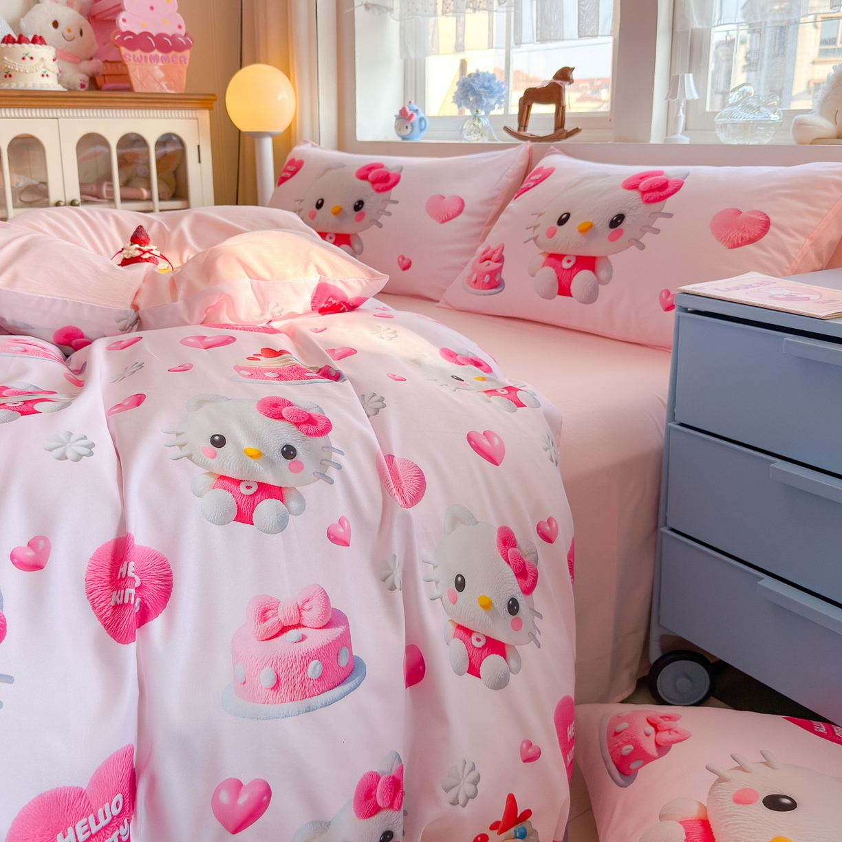 91家纺网 家纺一手货源 找家纺 优卡迪家纺馆 2025新款110克5D数码印花四件套 爱心KT