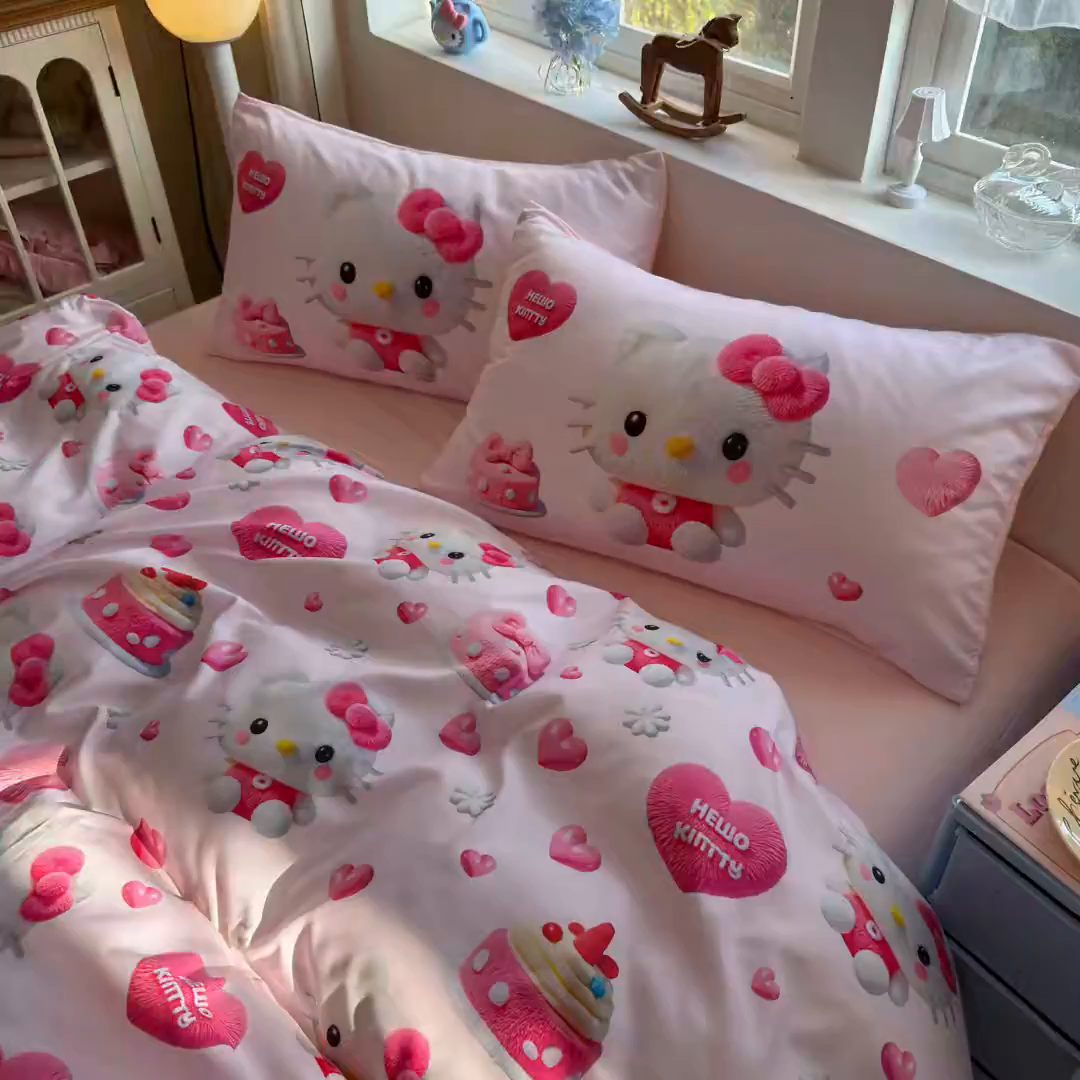 91家纺网 家纺一手货源 找家纺 优卡迪家纺馆 2025新款110克5D数码印花四件套 爱心KT