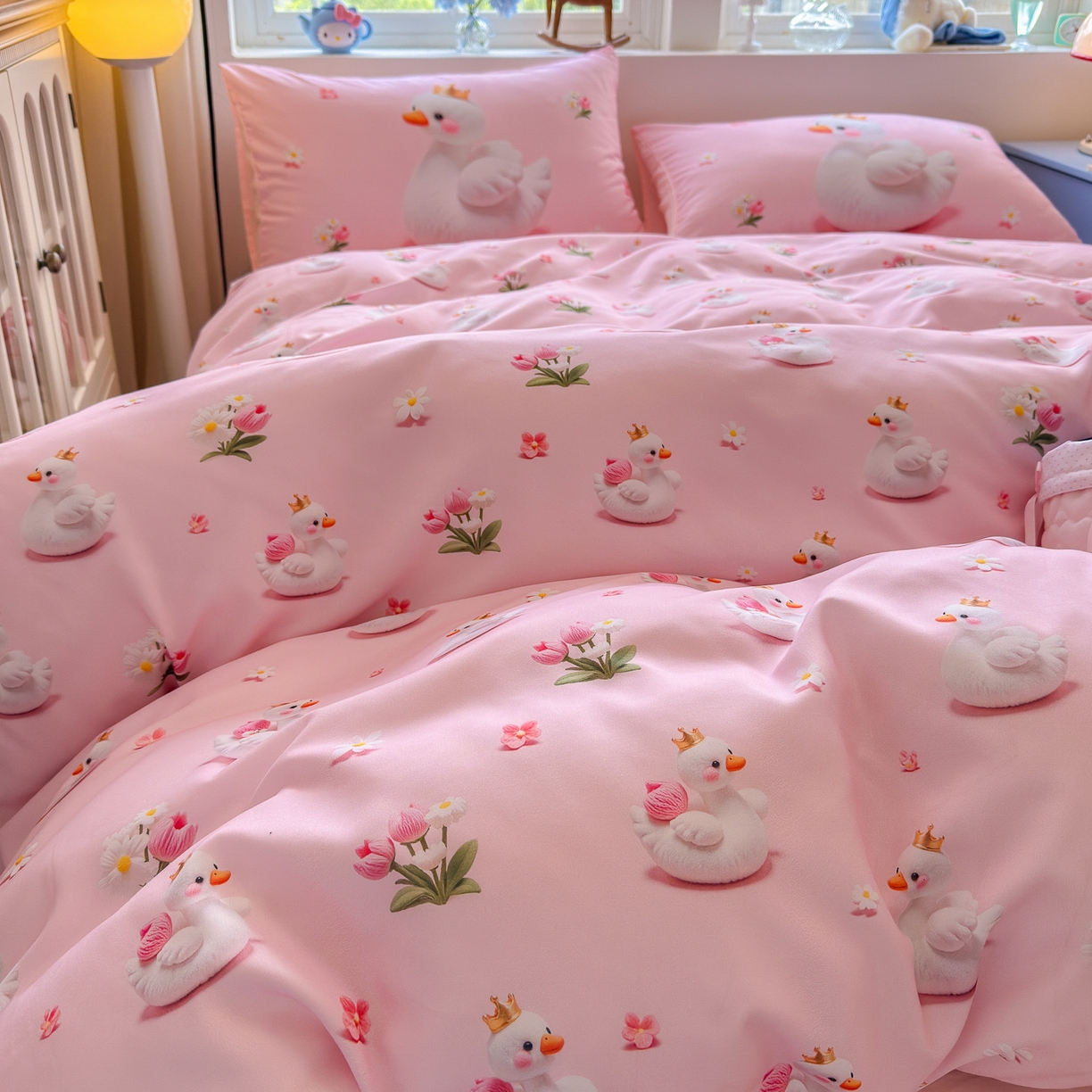 91家纺网 家纺一手货源 找家纺 优卡迪家纺馆 2025新款110克5D数码印花四件套 白天鹅