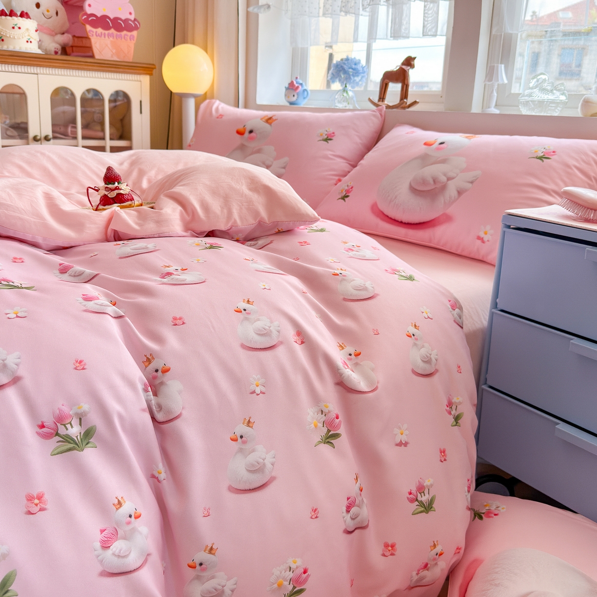 91家纺网 家纺一手货源 找家纺 优卡迪家纺馆 2025新款110克5D数码印花四件套 白天鹅