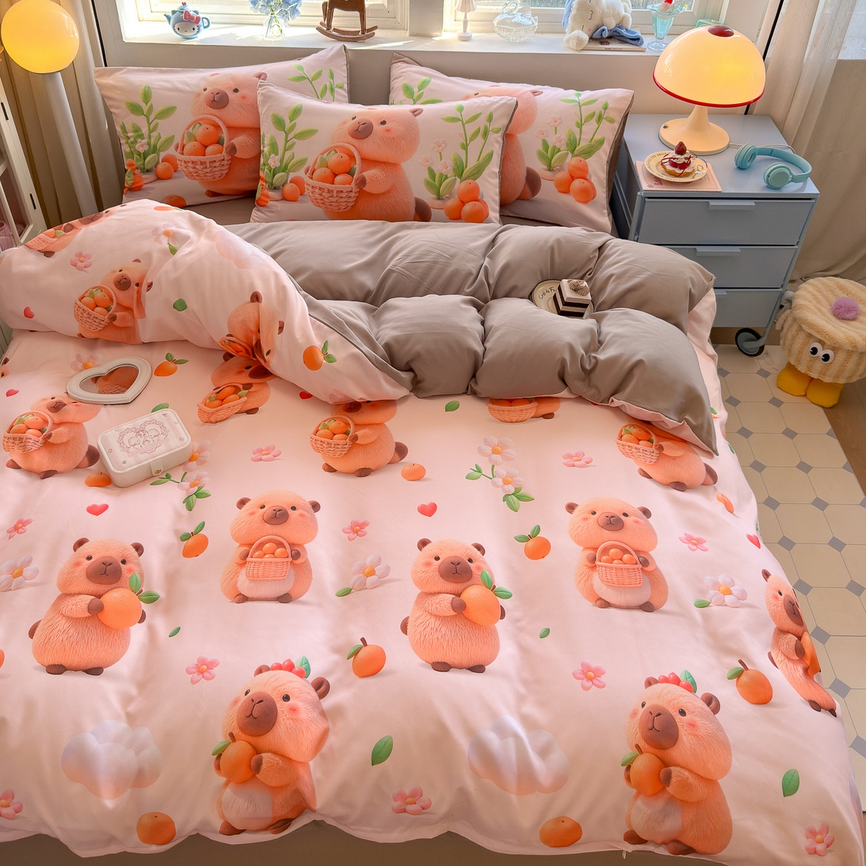 91家纺网 家纺一手货源 找家纺 优卡迪家纺馆 2025新款110克5D数码印花四件套 橙子卡皮