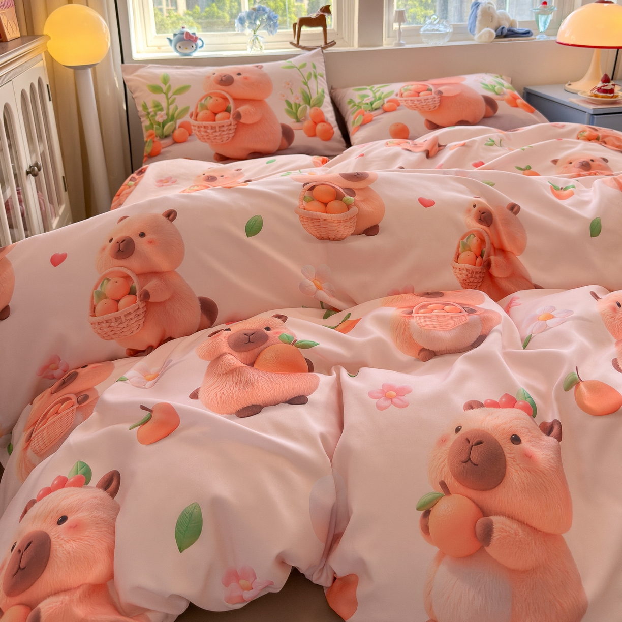 91家纺网 家纺一手货源 找家纺 优卡迪家纺馆 2025新款110克5D数码印花四件套 橙子卡皮