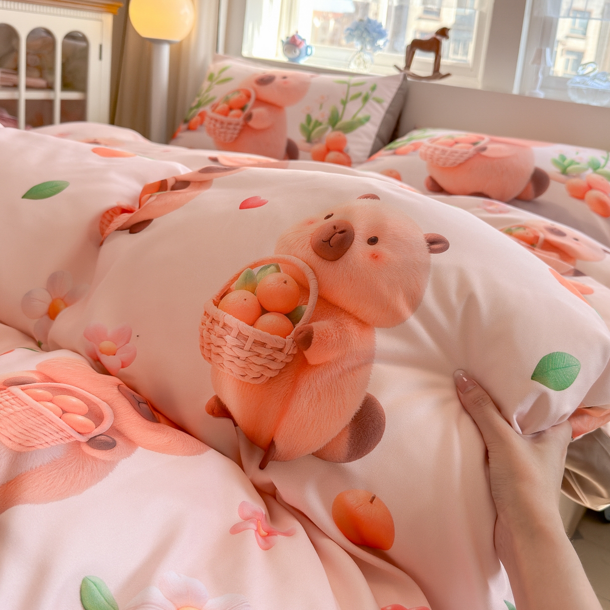 91家纺网 家纺一手货源 找家纺 优卡迪家纺馆 2025新款110克5D数码印花四件套 橙子卡皮