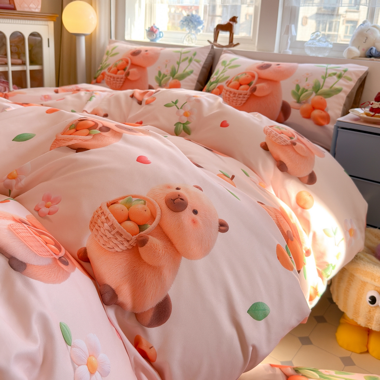 91家纺网 家纺一手货源 找家纺 优卡迪家纺馆 2025新款110克5D数码印花四件套 橙子卡皮