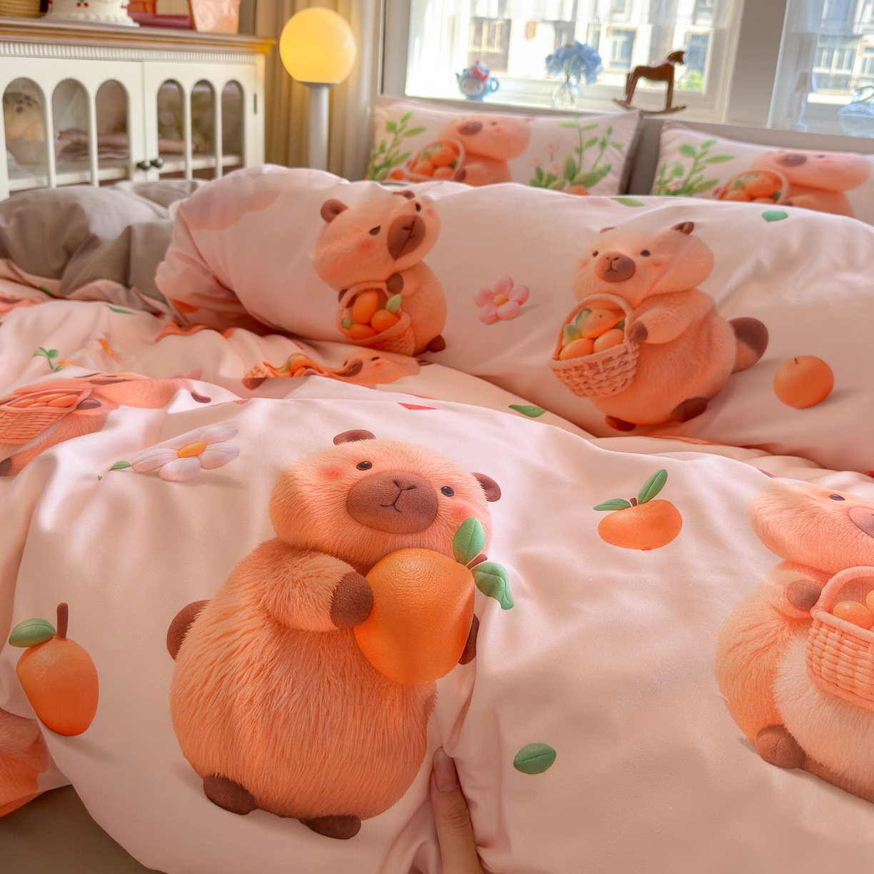 91家纺网 家纺一手货源 找家纺 优卡迪家纺馆 2025新款110克5D数码印花四件套 橙子卡皮