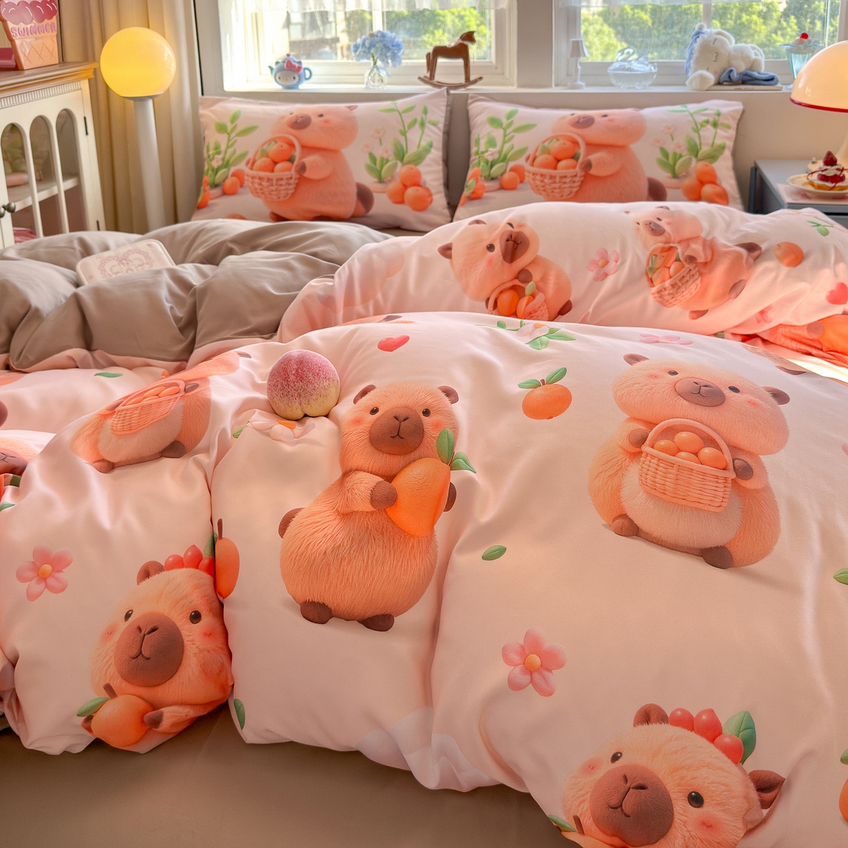 91家纺网 家纺一手货源 找家纺 优卡迪家纺馆 2025新款110克5D数码印花四件套 橙子卡皮