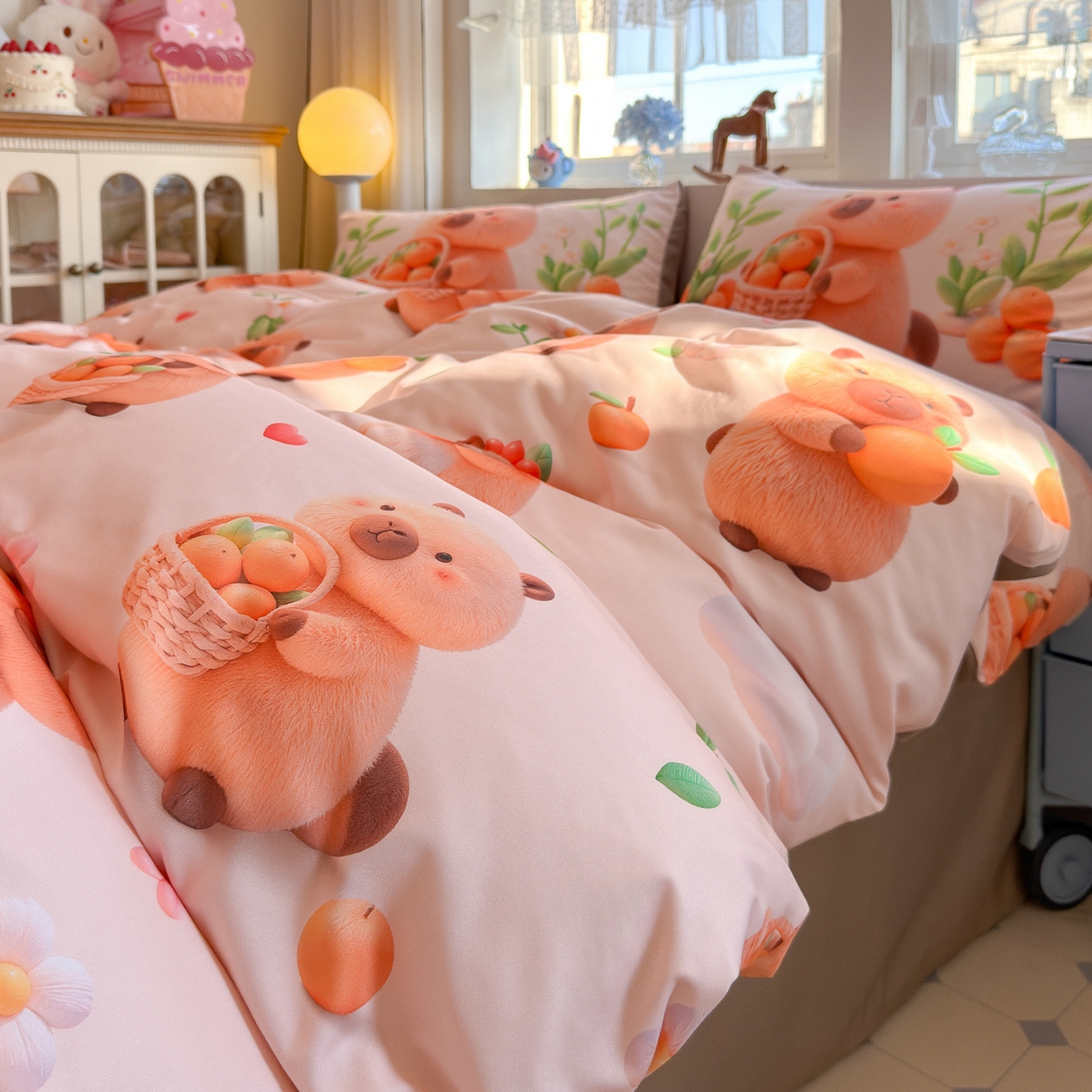 91家纺网 家纺一手货源 找家纺 优卡迪家纺馆 2025新款110克5D数码印花四件套 橙子卡皮